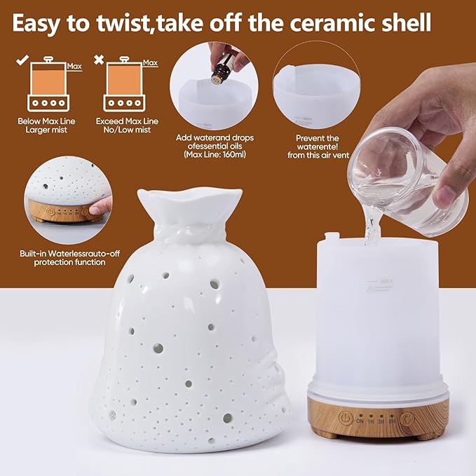 160ML Ceramic Diffuser for Essential Oils Lucky Bag Aromatherapy Diffuser Ultrasonic Cool Mist Humidifier with Intermittent Mist Modes Waterless Auto Off for Room Office