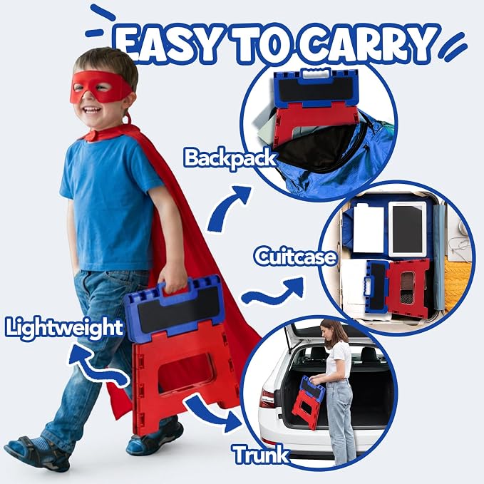 Delxo 9 Inch Folding Step Stool for Kids - Includes 3 Alphabet Letter Stickers & 2 Non-Slip Grip Pads, Sturdy Foldable Foot Stool for Toddlers, Kitchen, Bathroom & Bedroom (Red+Blue)