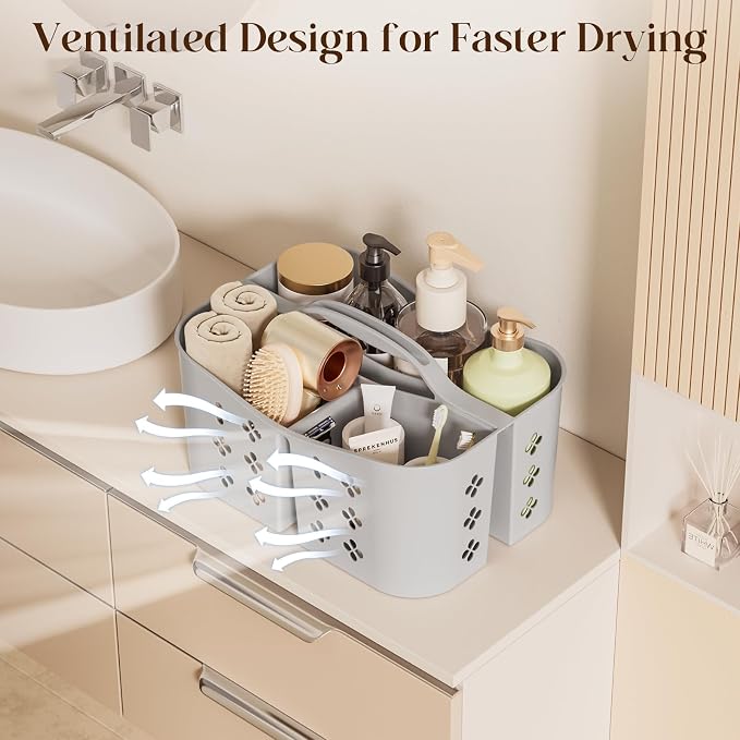 Portable Shower Caddy with Handle, Large Capacity Shower Basket Organizer, Quick-Drain Bathroom Storage Tote, Durable Plastic Shower Organizer for College Dorm, Beach, Gym, Travel Essentials, Grey