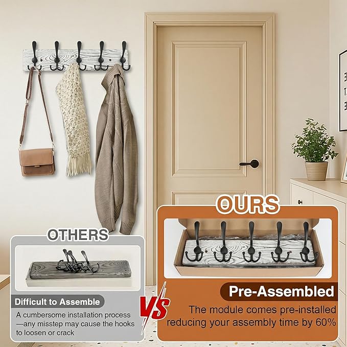 Wooden Coat Rack Wall Mount Heavy Duty, 2 Pack Coat Hanger Wall Mount with 5 Triple Hooks for Clothes, Jacket, Hat, Keys, Space Saving Entryway Organizer for Mudroom (Whte Plate & Black Hooks)