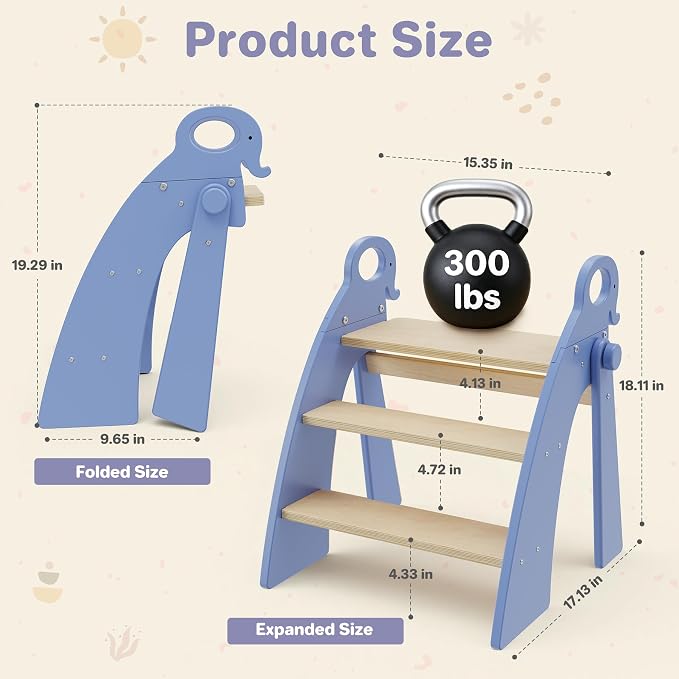 Wooden Step Stool for Toddlers, 3 Foldable Step Stool for Kids Bathroom Sink & Potty Training, Bamboo Toddler Stool with Blue Elephant Handles and Non-Slip Pads for Bedroom, Kitchen Helper