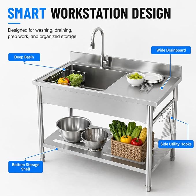 Gray Utility Sink, 47 x 22 x 37 Inch Freestanding Stainless Steel Single Bowl Laundry Sink With Pull-Down Faucet, Large Workbench Top, Modern Metallic Finish for Garage, Mudroom
