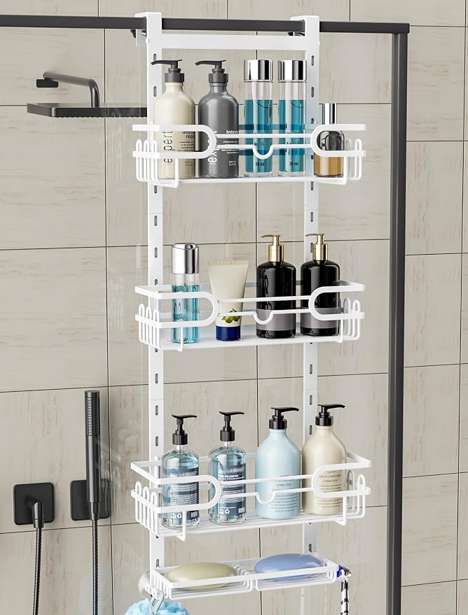 Consumest Over The Door Shower Caddy - 4 Tier Adjustable Hanging Shower Organizer Shelf with 2 Soap Holders & 22 Hooks, Rustproof Easy Installation Hanging Storage Rack for Bathroom, White