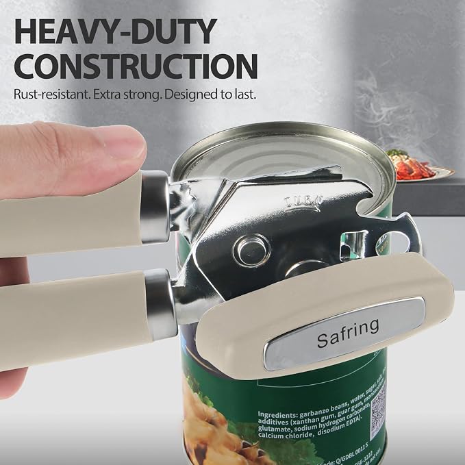Safring Can Opener Manual, Heavy Duty Handheld Strong Can Opener with Soft Touch Handle, Sharp Blade Smooth Edge, Can Openers with Multifunctional Bottle Opener, Beige