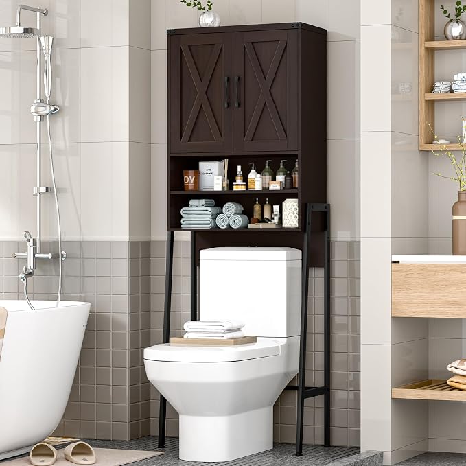 Vabches Over The Toilet Storage Cabinet, Farmhouse Over Toilet Storage Cabinet, Metal Frame with Barn Doors, Home Space-Saving Toilet Rack for Bathroom, Toilet, Laundry Room
