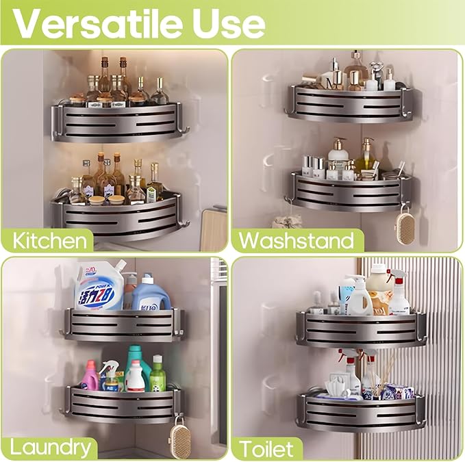 Corner Shower Caddy Suction Cup,Shower Shelves with Hooks,No Drilling Powerful Suction Bathroom Organizers and Storage,Removable Waterproof Rustproof Shower Bathroom Accessories Decor(Grey 1Pack)