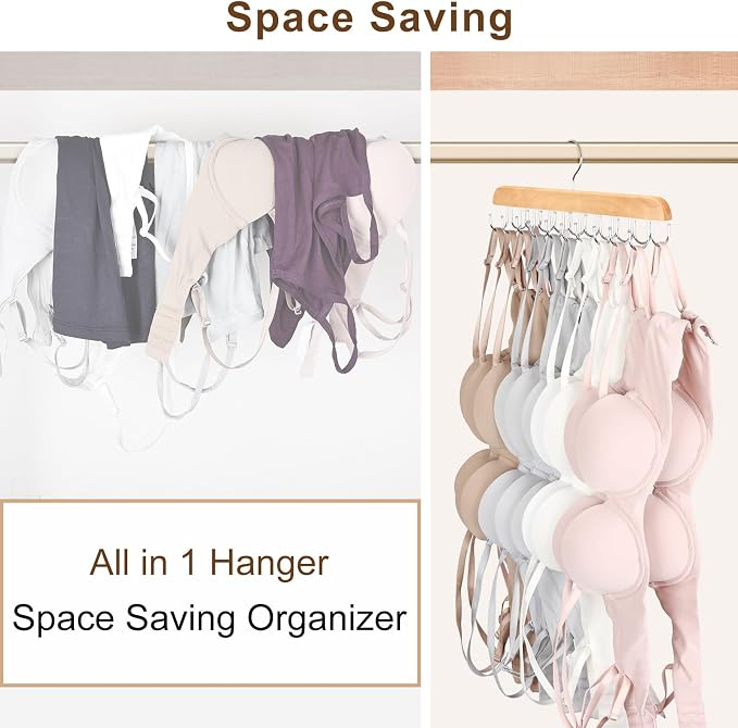 Bra Hanger for Closet, Tank Top Organizer 20 Hooks Capacity Foldable Wood Space Saving Hanger Closet Organizers and Storage for Dorm & Apartment for Tank Top, Hats, Scarf etc.