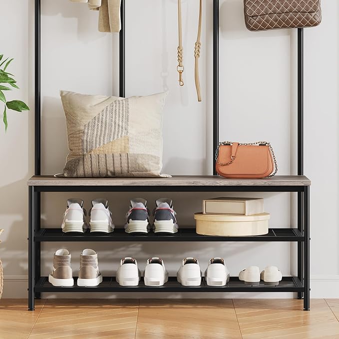 HOOBRO Hall Tree with Bench, Entryway Bench with Coat Rack, Mud Room Rack with 12 Double Hooks and Shoe Storage, Coat Tree, Shoe Organizer, for Foyer, Front Door, Greige and Black BG05MT01