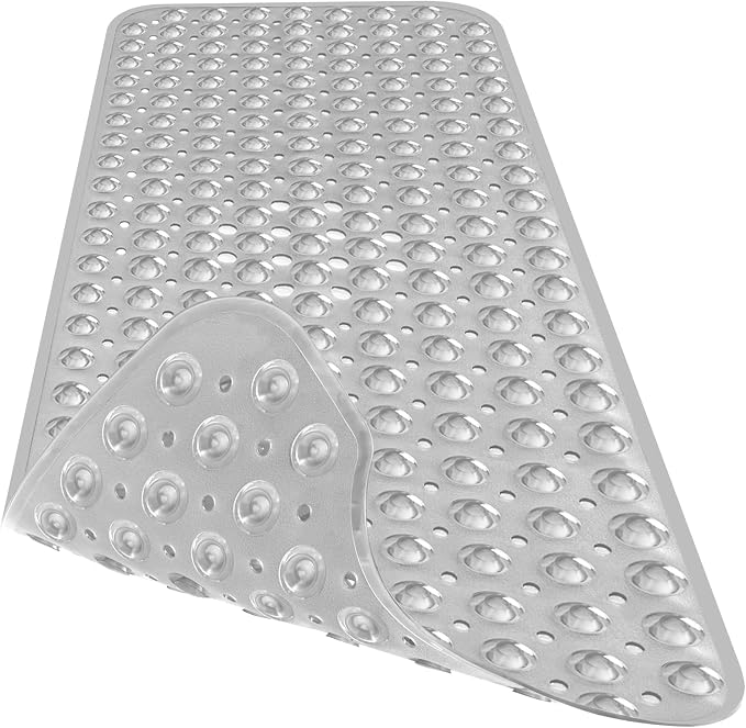 Extra Long Bathtub Mat Non Slip, Clear Gray Soft Bath Mat for Tub 40 x 16 Inch Full Size, Bath Tub Shower Mats for Bathroom Floor, Big Suction Cups and Drain Holes, Easy Washable, BPA Free