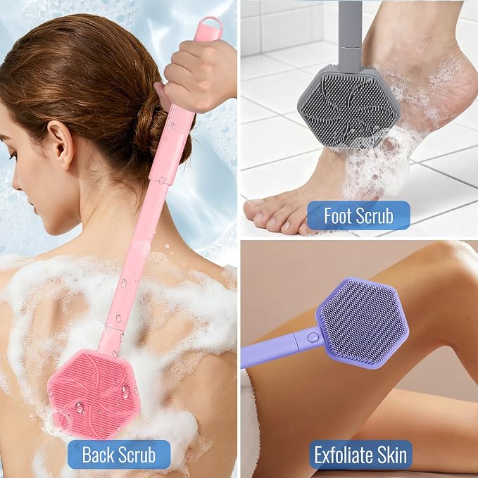 AIMAIAIMAI Silicone Back Scrubber for Shower – 21in Extendable Shower Brush with Long Handle – Dual-Sided Back Brush with Non-Slip Grip, Gentle Cleansing & Exfoliation for Men, Women, Elderly (Pink)