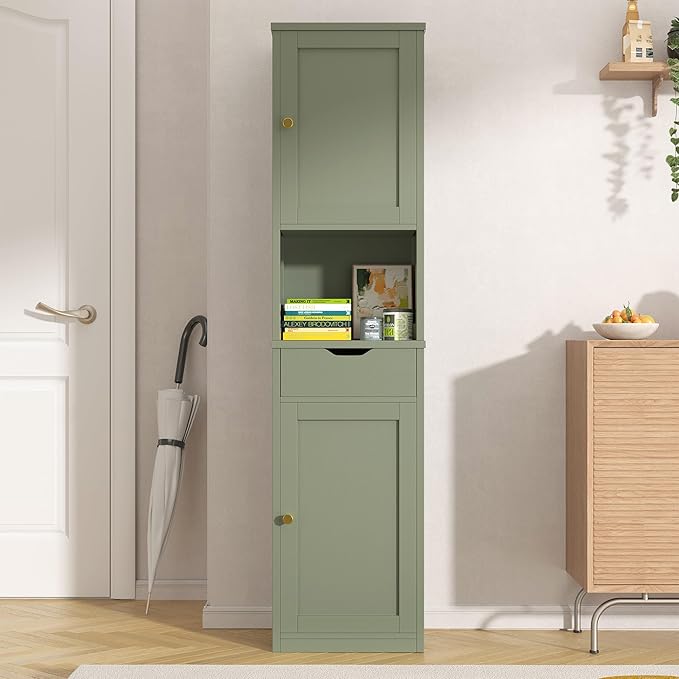 Vongrasig Tall Bathroom Storage Cabinet, 64”H Narrow Storage Unit for Small Spaces, Freestanding Modern Cabinet with Adjustable Shelves for Bathroom, Living Room, Kitchen, Green