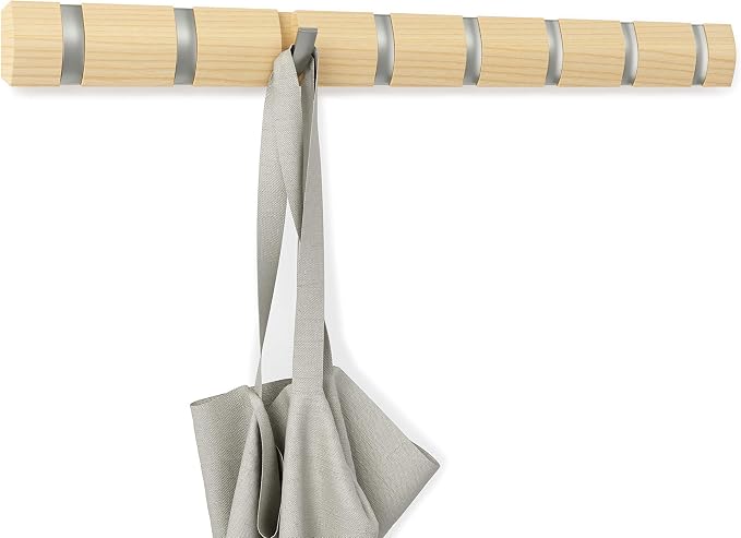 Umbra Flip Wall-Mounted Coat Rack with 8 Hooks – Modern, Space-Saving Storage for Hats, Jackets, Bags, Entryway, Mudroom, Closet, Bathroom, Bedroom – Natural/Nickel