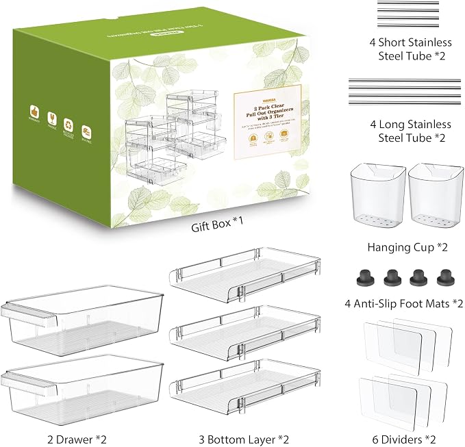 Clear Bathroom Organizers 2 Sets 3 Tier, Pull Out Organizer and Storage with 2 Cups, Slide Out Drawer Storage Container with 6 Dividers, Multi-Purpose Bathroom Organizer, Kitchen Under Sink Organizer