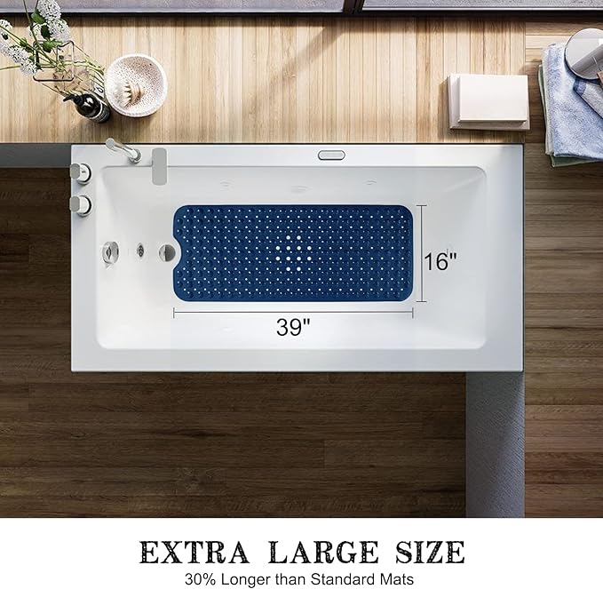 Bathtub and Shower Mats, Extra Long Non-Slip Bath Tub Mat 39 x 16 Inch, Machine Washable Bathmat with Suction Cups & Drain Holes for Bathroom Floor, Navy Blue