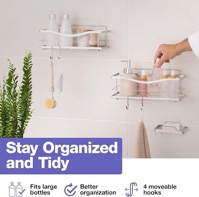KINCMAX Shower Caddy and Soap Holder, Rustproof SUS304 Stainless Steel, Adhesive Wall Mount Double Baskets 3-pack with Hooks (Polished Silver)
