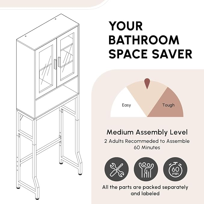 USHOWER Over The Toilet Storage Cabinet, Bathroom Organizers and Storage with Tempered Glass Doors, Thicken Metal Stand & MDF Wood Above Toilet Storage Cabinet, Freestanding Space Saver, Black
