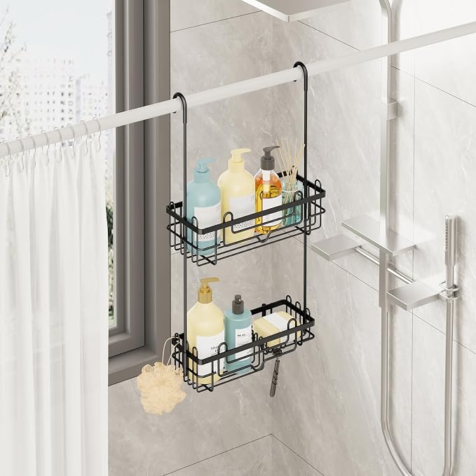 Consumest Over the Door Shower Caddy - 2-Tier Hanging Shower Organizer with Soap Holder, Rustproof Bathroom Storage and Organizer Rack for Shampoo, Towels, and Toiletries, Black