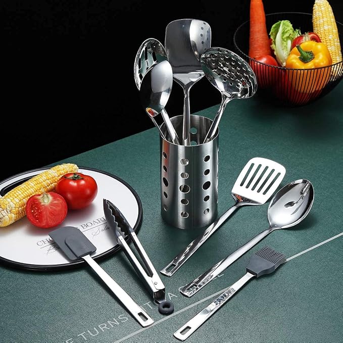 Stainless Steel Cooking Utensils Set, Berglander 13 Pieces Kitchen Utensils Set, Kitchen Tools Set With Utensil Holder Non-Stick And Heat Resistant,Dishwasher Safe, Easy to Clean (13 Packs)