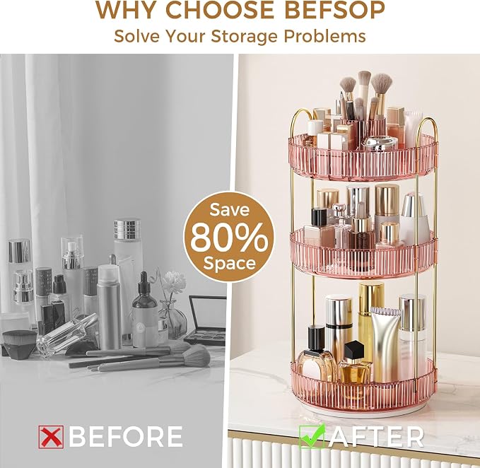 360° Rotating Makeup Organizer, Upgraded 3 Tier Skincare Perfume Organizers for Women, Bathroom Organizer Countertop, Clear Cosmetic Dresser Organizer with Makeup Brush Holder Counter(Clear Pink)