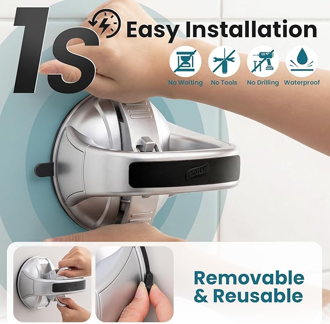TAILI Grab Bars for Bathtubs and Showers,2 Pack Shower Handles for Elderly Suction,Shower Bar with Upgraded Rubber Suction Cups,Safety Grip for Senior, No Drilling Removable Waterproof, Black