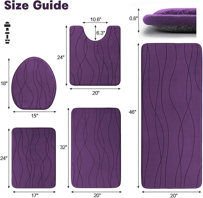 YIHOUSE Memory Foam Bathroom Rug Sets, Purple, 5 Piece | Ultra Soft, Absorbent, Non-Slip, Machine Washable