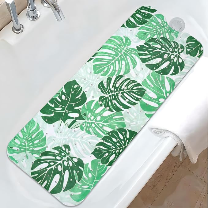 Tropical Leaves Bathtub Mat Non Slip, Boho Bath Tub Mat Baby Bath Mats for Bathroom Anti Slip Shower Mats for Inside Shower, Green Plants Bathmat with Suction and Drain Holes Machine Washable, 40″x16″