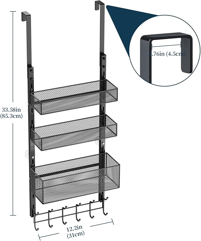Consumest Over The Door Hooks Organizer - 4 Tier Door Coat Rack with 3 Baskets & 12 Hooks, Stainless Steel Towel Hanger for Bedroom, Bathroom, Living Room, Black
