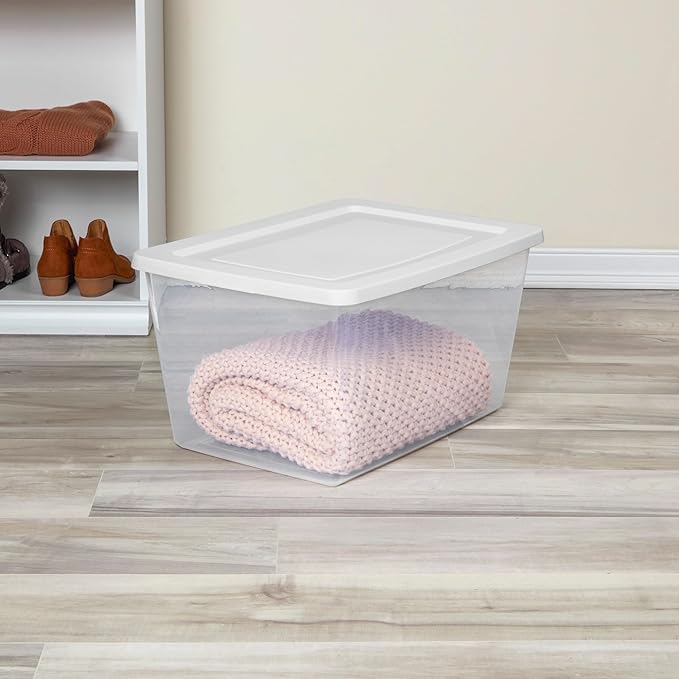 Sterilite 18 Pack Storage Boxes, Clear Plastic Stackable Containers, Lightweight Home Organizers with Snap Lids, 58 Quart, White