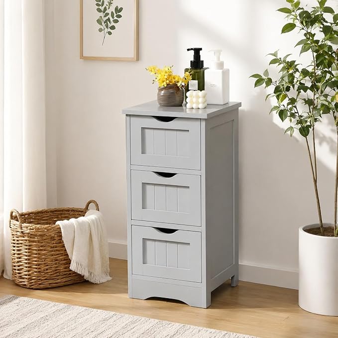 Floor Cabinet with 3 Removable Drawers & Anti-Toppling Device, Small Bathroom Storage Cabinet for Bathroom Home Office Living Room Bedroom(Grey)