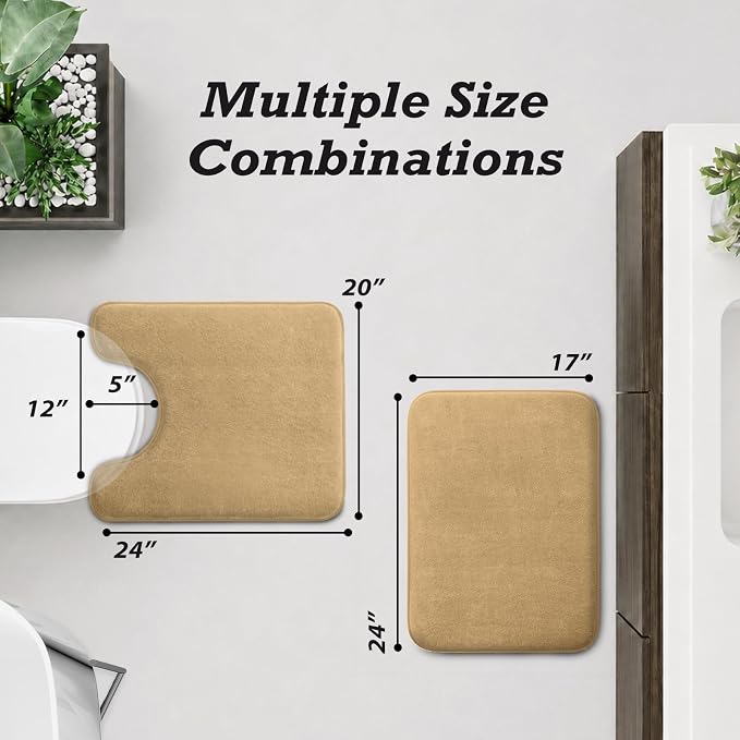 HUXMEYSON Bathroom Rugs Sets 2 Piece, Non-Slip & Quick Dry Bath Mat Set, Ultra Soft Velvet Bath Rugs for Bathroom, Toilet and Shower Floor, Khaki