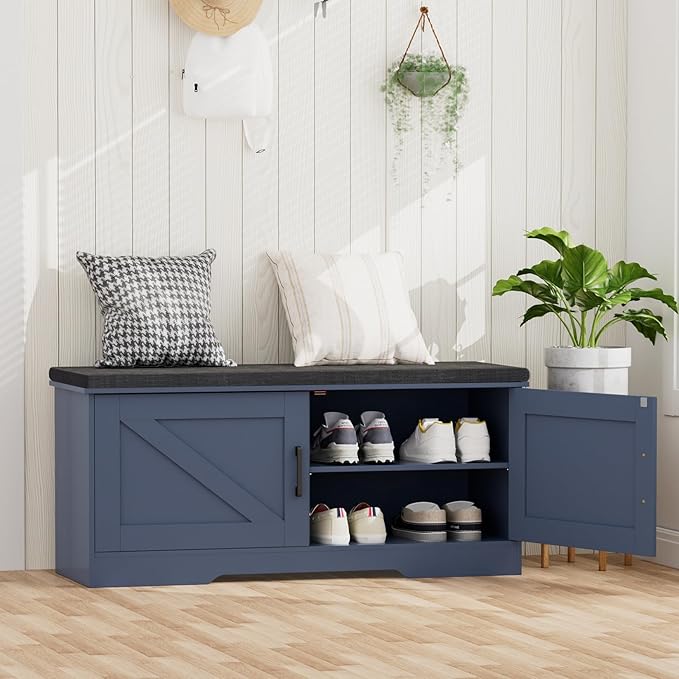 HOMSHO 2-Tier Storage Bench, 39.4" Wide Shoe Bench with Padded Seat Cushion, Entryway Bench with 2 Barn Doors and Adjustable Shelf, Blue