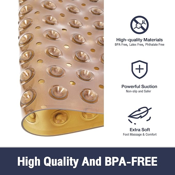 Extra Long Bathtub Mat Non Slip, Clear Brown Soft Bath Mat for Tub 40 x 16 Inch Full Size, Bath Tub Shower Mats for Bathroom Floor, Big Suction Cups and Drain Holes, Easy Washable, BPA Free
