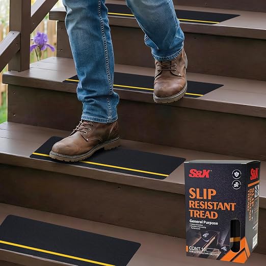 S&X 10-Pack Outdoor Stair Treads Non Slip - Pre-Cut Anti Slip Tape 6” x 24” - Reflective Non Skid Grip Tape for Stairs, Steps, Decks, Ramps