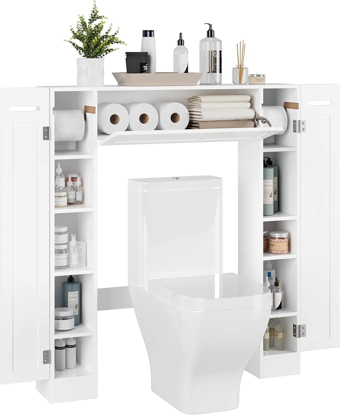 Over The Toilet Storage Cabinet, Bathroom Space Saver with Paper Holder and Adjustable Shelves, Freestanding Toilet Cabinet Organizer with 2 Side Doors and Pull-Down Door, White