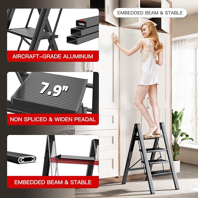 4 Step Ladder Folding Step Stool with Anti-Slip Sturdy and Wide Pedal for Adults&Elderly, Aluminum Portable Lightweight Stepladder for Home Kitchen Office, Black, 330lbs