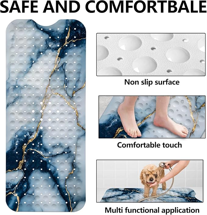 LNOND Marble Bath Tub Mat Non Slip, Extra Long 40 X 16 Inch Anti Slip Mat for Bathtub, Navy Blue Gold Marble Shower Mat with Drain Holes and Suction Cups, Machine Washable