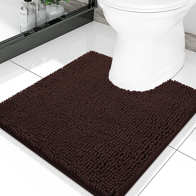 Smiry Luxury Chenille Toilet Rugs U-Shaped 20x20, Soft Absorbent Non-Slip Contour Bathroom Rugs for Toilet, Machine Washable Contoured Bath Mats, Brown