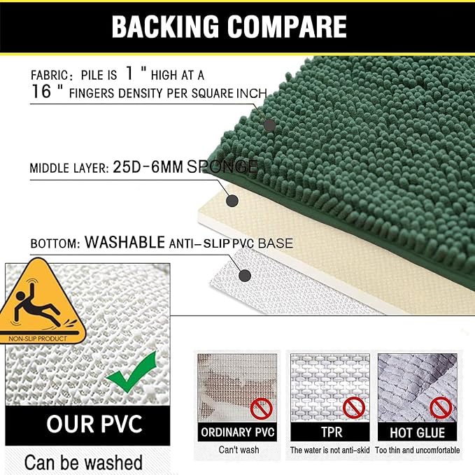 Green Bathroom Rug Chenille 3-Piece Extra Soft and Absorbent Shag Bath Mat Set, Machine Wash Bathroom Rug Set, Strong PVC Non-Slip Underside, Plush Carpet Bath Mat (Dark Green)