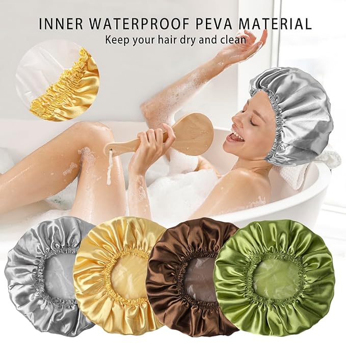 4 PCS Shower Cap for Women, Elastic and Reusable Bath Caps, Double Layers Shower Caps Reusable Waterproof, Bathing Shower Caps, Environmental Bath Hair Protection Cap -Gold+Green+Silver Gray+Brown