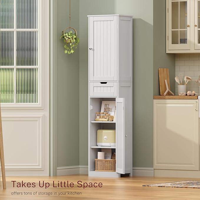 TEENFON 67" H Tall Bathroom Cabinet with 2 Doors & 1 Drawer, Narrow Bathroom Storage Cabinet with Adjustable Shelves, for Living Room, Entryway, Kitchen, White