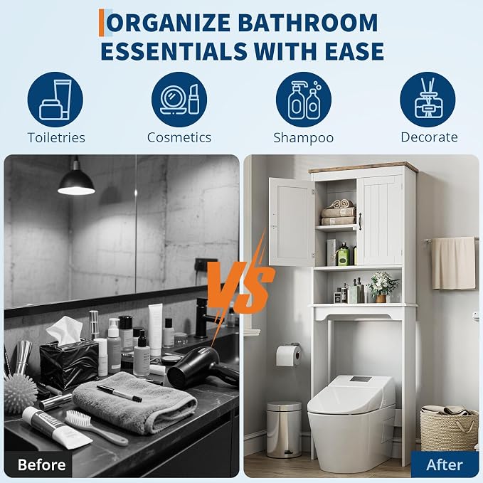 GarveeHome Over The Toilet Storage Cabinet, 66 in H Bathroom Space Saver Organizer with Double Doors & Adjustable Shelves Free Standing Toilet Shelf for Small Bathrooms, Easy Assembly, White