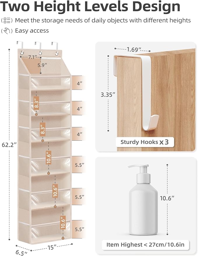 STORAGE MANIAC Over the Door Organizer 6-Shelf Closet Hanging Storage with 14 Mesh Pockets, 66lbs Capacity Clear Deep Pockets Behind Door Storage for Nursery, Bathroom, Bedroom, 1 Pack Oat Beige