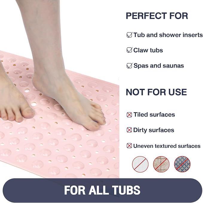 Extra Long Pink Bathtub Mat Non Slip, Soft Bath Mat for Tub 40 x 16 Inch Full Size, Bath Tub Shower Mats for Bathroom Floor, Big Suction Cups and Drain Holes, Easy Washable, BPA Free