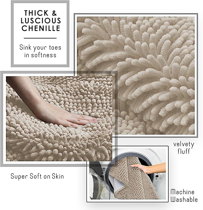 Hearth & Harbor Bathroom Rugs, Chenille Bath Mat - Machine Washable Bath Mats for Bathroom Non-Slip Backing Rubber, Quick Dry Bathroom Mat