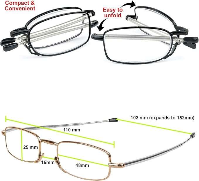 Success Eyewear Reading Glasses 2 Pair Black and Gunmetal Readers Compact Folding Unisex Glasses for Reading Case Included