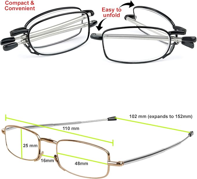 Success Eyewear Reading Glasses 2 Pair Black and Gunmetal Readers Compact Folding Unisex Glasses for Reading Case Included