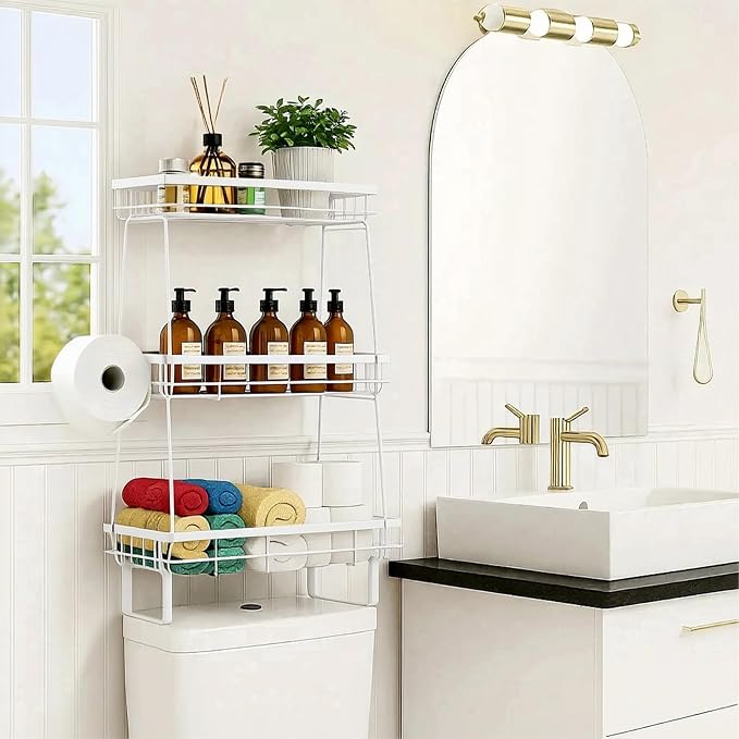 ShellKingdom Over The Toilet Storage Shelf, 3 Tier Toilet Paper Holder Stand Shelves, Punch-Free Bathroom Storage Rack with 2 Hooks, Small Space Organizers for Bathroom, Home, Countertop, White