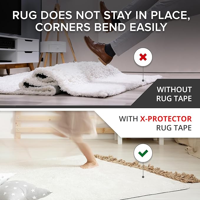 X-Protector Rug Tape - 8 Pcs Set - White Anti-Slip & Anti-Curling Carpet Tape for Hard Floors - Premium Rug Pad Gripper - Carpet Corner Grippers to Keep Your Carpet in Place & Make Corners Flat
