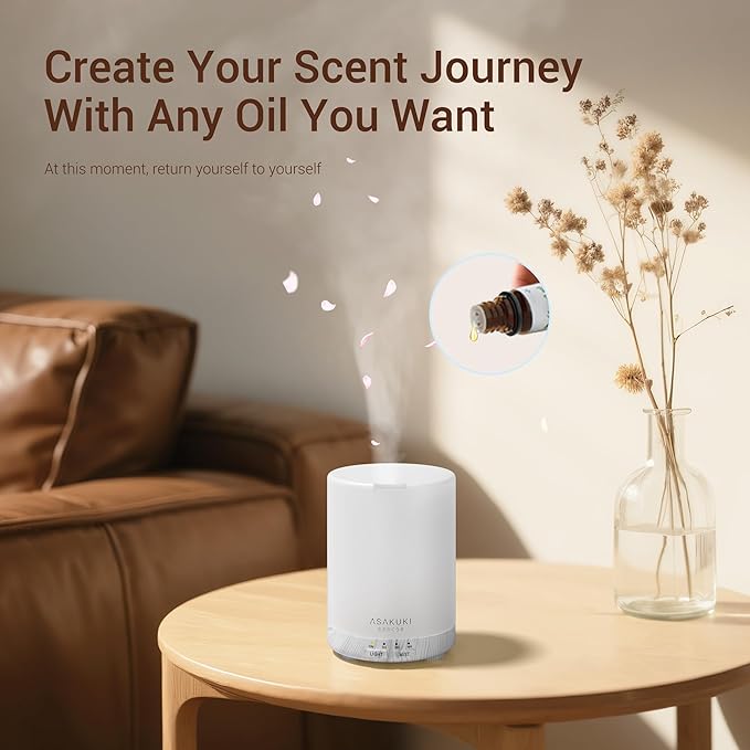 ASAKUKI Essential Oil Diffuser for Home, 300 ml Humidifier with Automatic Shut-Off, Quiet Aromatherapy Diffuser with 7 LED Lights for Living Room, Kitchen, Bedroom, Hotel - White Wood