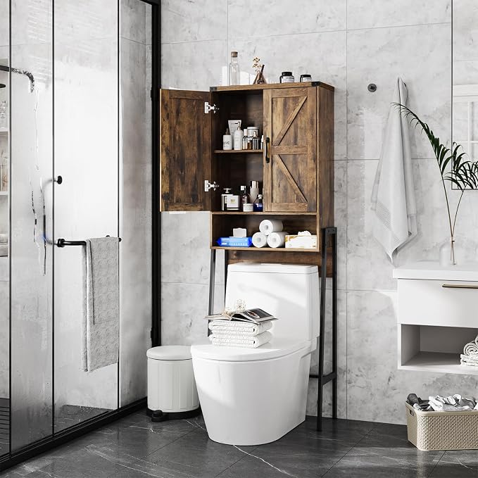 Vabches Over The Toilet Storage Cabinet with 2-Door Design Bathroom Organizers and Storage with Anti-Tip Device Over Toilet Organizer with Shelves for Bathroom,Restroom,Laundry Brown